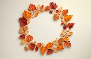 otoño hoja marco en beige antecedentes con marrón hojas ai generado foto