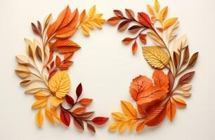 Autumn Leaf Frame on Beige Background with Brown Leaves AI Generated photo