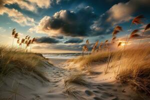 dorado hora playa con arena dunas y ligero nubes ai generado foto