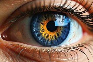 CloseUp of Beautiful Blue Eye with Golden Hour Lighting AI Generated photo