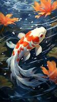 Beautiful Japanese Butterfly Koi in a Water Lily Pond AI Generated photo