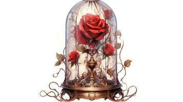 Beautiful Watercolor Red Rose Inside an Intricate Bell Jar AI Generated photo