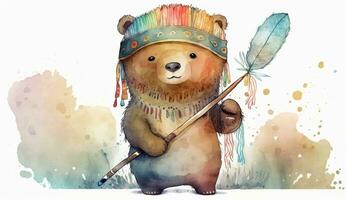 Boho Bear with Feather Headdress AI Generated photo