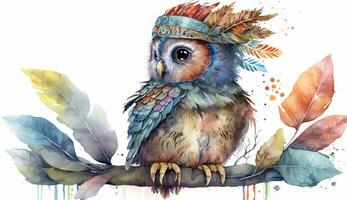 Boho Owl with Feather Headdress AI Generated photo