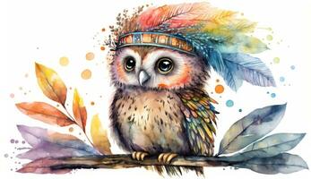 Boho Owl with Feather Headdress AI Generated photo