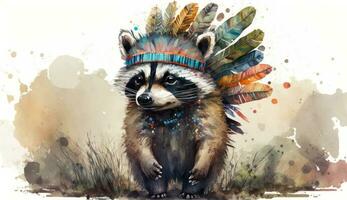 Boho Raccoon with Feather Headdress AI Generated photo