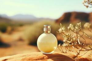 Yellow Perfume Bottle on Pastel Background AI Generated photo