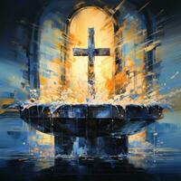 Abstract Artwork of a Churchs Baptismal Font Filled with Holy Water AI Generated photo