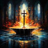 Abstract Artwork of a Churchs Baptismal Font Filled with Holy Water AI Generated photo