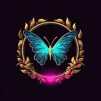 Neon Butterfly Logo with Golden Wreath Frame on Dark Background AI Generated photo