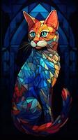 Stained Glass Cat on Dark Background Generative AI photo