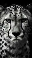 negro y blanco leopardo en oscuro antecedentes en lleno atención generativo ai foto