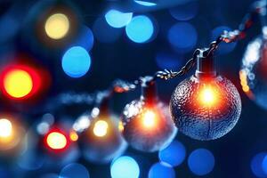 Christmas Garland Bokeh Lights on Dark Blue Background AI Generated photo