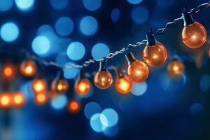 Christmas Garland Bokeh Lights on Dark Blue Background AI Generated photo