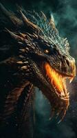 CloseUp Head of a Mystical Epic MedievalInspired Dragon Poster AI Generated photo