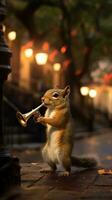 Cute Squirrel Playing Trumpet on New Orleans Jazz Stage AI Generated photo