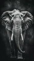 majestuoso elefante en oscuro antecedentes en negro y blanco generativo ai foto