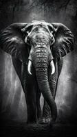 Majestic Elephant on Dark Background in Black and White Generative AI photo