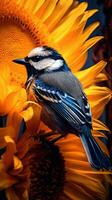 Extreme Closeup of a Beautiful Sunflower with a Cute Chickadee Resting on It AI Generated photo