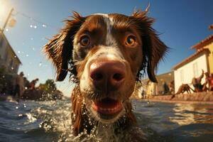 Adorable Dachshund Dog Playing with Three Children in a Swimming Pool AI Generated photo