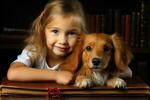 contento perro tejonero perro con un pequeño niña dentro un casa ai generado foto