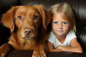 contento perro tejonero perro con un pequeño niña dentro un casa ai generado foto