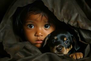 contento perro tejonero perro con un pequeño niña dentro un casa ai generado foto