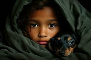 contento perro tejonero perro con un pequeño niña dentro un casa ai generado foto