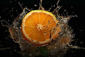 Fresh Orange Fruit Sliced with a Juice Splash  Cinematic Shot AI Generated photo