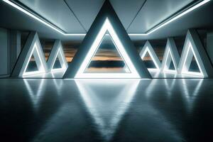 Futuristic Neon Lit Triangular Room with Concrete Floor AI Generated photo