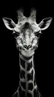 Majestic Giraffe on Dark Background in Black and White Generative AI photo