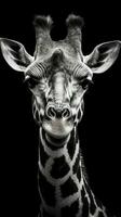 Majestic Giraffe on Dark Background in Black and White Generative AI photo