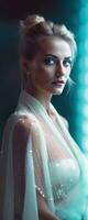 Glamorous Lady in Diamond White and Opal Dress on Fashion Shoot Set AI Generated photo