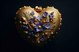 lujoso dorado corazón con ornamental flores para san valentin día ai generado foto