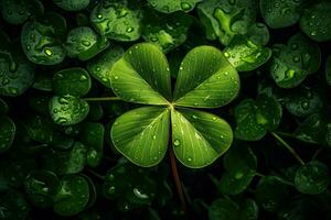 Cinematic Shot of Highly Detailed Green FourLeaf Clover for St Patricks Day AI Generated photo