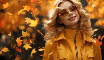 contento moderno niña con otoño hojas en su cara ai generado foto