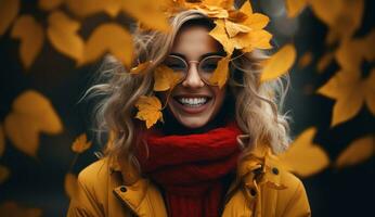 Happy Modern Girl with Autumn Leaves on Her Face AI Generated photo