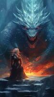 The Fire Queen and her Ice Throne with a Dragon AI Generated photo