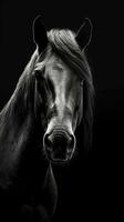 majestuoso negro y blanco caballo en oscuro antecedentes generativo ai foto
