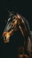 majestuoso caballo en bokeh estilo en oscuro antecedentes ai generado foto