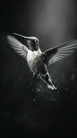 agraciado colibrí en oscuro antecedentes en negro y blanco generativo ai foto