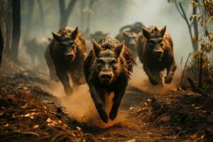 Boar Escaping from Forest Fire AI Generated photo