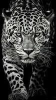 negro y blanco jaguar en oscuro antecedentes en lleno atención generativo ai foto