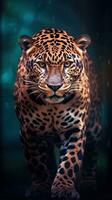 oscuro antecedentes con enfocado jaguar en bokeh estilo ai generado foto