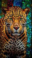 Stained Glass Jaguar on Dark Background Generative AI photo