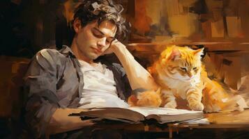 estudiante estudiando con un dormido gato junto a él ai generado foto