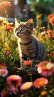 adorable gatito jugando en un hermosa jardín ai generado foto