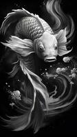 negro y blanco koi pescado nadando en oscuro aguas generativo ai foto