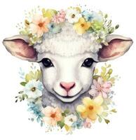 Delicate Watercolor Lamb Face on Flower Wreath AI Generated photo