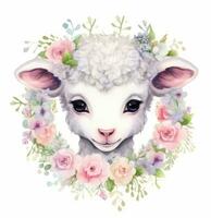 Delicate Watercolor Lamb Face on Flower Wreath AI Generated photo